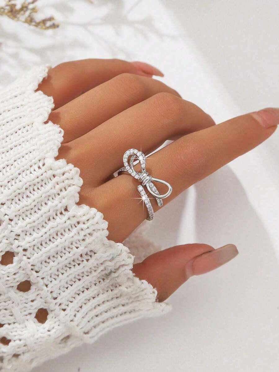 1pc Stylish & Elegant Simple Copper Inlaid Crystal Bowknot Open Ring - Silver - View 1