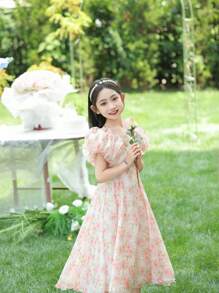 女童碎花裙公主裙海边超美儿童裙子时尚长裙沙滩裙，裙子非常高贵典雅，穿上它回头率超高 - 粉色 - 查看 5