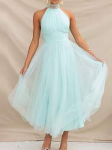 Womens Backless Long Dress Adjustable Tie Halter Neck Tulle High Waist Solid Cocktail Party Wedding Dress - 淺藍色 - 查看 2