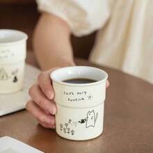 1 件 225ml 咖啡杯印花马克杯简约可爱猫咪插画图案燕麦牛奶拿铁早餐杯办公室家用水杯礼物