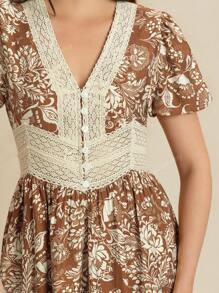 Rusttydustty Spring Linen Feel Women's Rustic Floral Vintage Dress With Lace Details Soft Romantic Short Dress For  Vacation Outfits Beach Coachella Music Festival