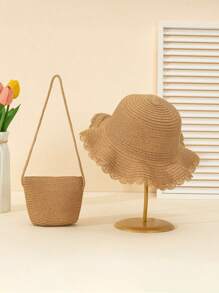 2pcs Set Khaki Wave Pattern Sun Hat And Crossbody Woven Straw Bag, Suitable For Beach Vacation - Multicolor - View 6
