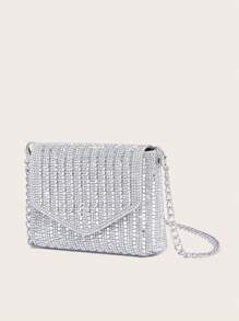 Rhinestone Embellished Mini Square Bag 2024, Fashionable Chain Shoulder Crossbody Bag For Women, Clutch For Party, Wedding, Ball, Silver