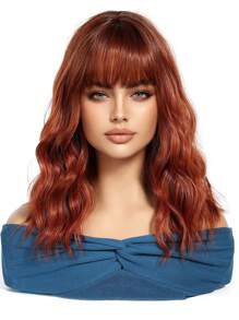 Stylish 16-Inch Red Mid-Long Curly Hair Synthetic Heat-Resistant Fiber Wig With Bangs Ladies Wig Is Perfect For Holiday Party Everyday Wear - Red - View 4