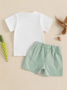 Baby Toddler Boy Easter Outfit Bunny/Carrot Truck Short Sleeve T-Shirt Striped/Plaid Shorts 2 Piece Outfit - White - View 7