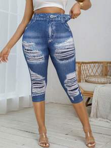 Plus Size Women High Stretch Skinny Leggings With Distressed Denim Effect, Casual Comfortable Capri Pants For Outdoor Activities, Sports & Everyday Wear - Blue - View 3
