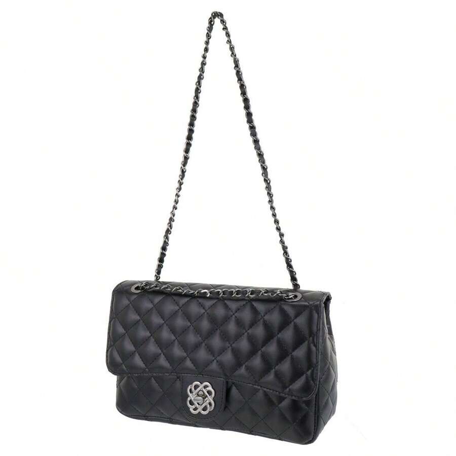 Women's Onyx Chain Crossbody Bag With Quilted Shoulder Strap, Classic And Timeless Style, Elegant. - Black - View 1