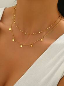 LIEBEIRIS 1pc 18K Gold Plated Minimalist Double Layer Geometric Star Pendant Stainless Steel Bracelet, Suitable For Women's Daily Wear And Gift