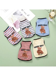 条纹卡通印花宠物背心衬衫，透气狗/猫衣服薄款无袖背心 - 藍色 - 查看 7