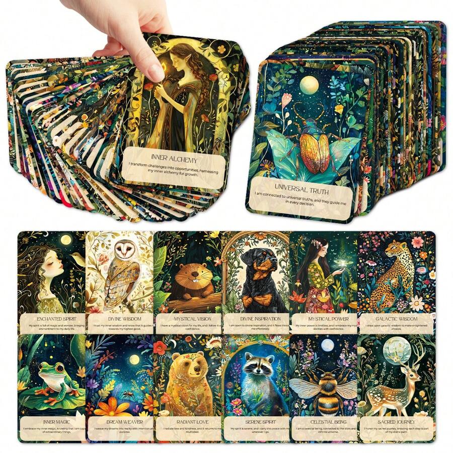 50 张神奇动物肯定卡、森林野生动物哥特式植物花卉鼓励卡、男女积极激励卡、朋友和家人励志卡 - 彩色 - 查看 1