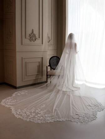 1pc Luxury European Style Wave Lace Trim Handmade Lace Bridal Veil, Extra Large Train White Long Wedding Photography Outdoor Garden Soft Tulle Wedding Accessory Valentine's Day Accessories