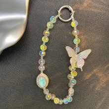 水晶蝴蝶手机挂绳，优雅手工串珠腕带，防丢失手机吊饰 - 彩色 - 查看 8