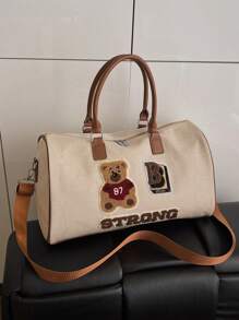 Cartoon Embroidery Unisex Short Trip Bag, Fashion Large Capacity Travel Duffle Bag For Commute, Work, Weekend Getaway, Maternity Tote Bag, Cute Bear Students Lightweight Gym Bag, Khaki, Fits Trolley