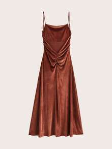 Váy yếm nhung nhún hở lưng, Xuân/Hè - màu nâu - Xem 2