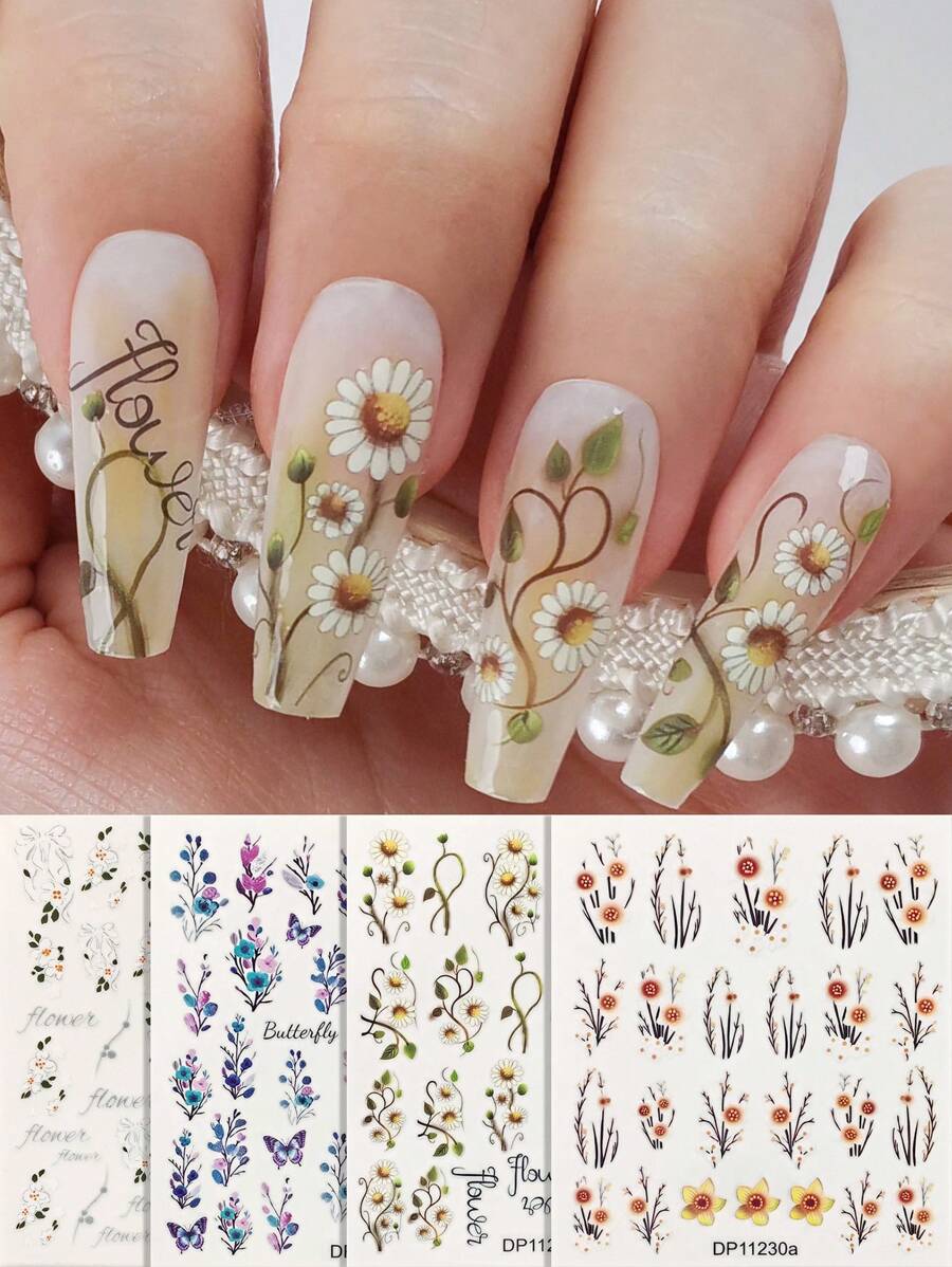 4张花朵美甲贴纸花卉自粘夏季美甲贴纸DIY装饰美甲适合女士女孩 - 彩色 - 查看 1