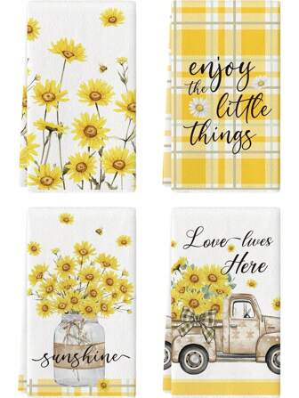 4 Pcs Sunflower Kitchen Towels, 16x24 Inch Watercolor Floral Decorative Tea Towels, Sunshine Farmhouse Home Absorbent Kitchen Dishcloth Fast Drying For Cooking