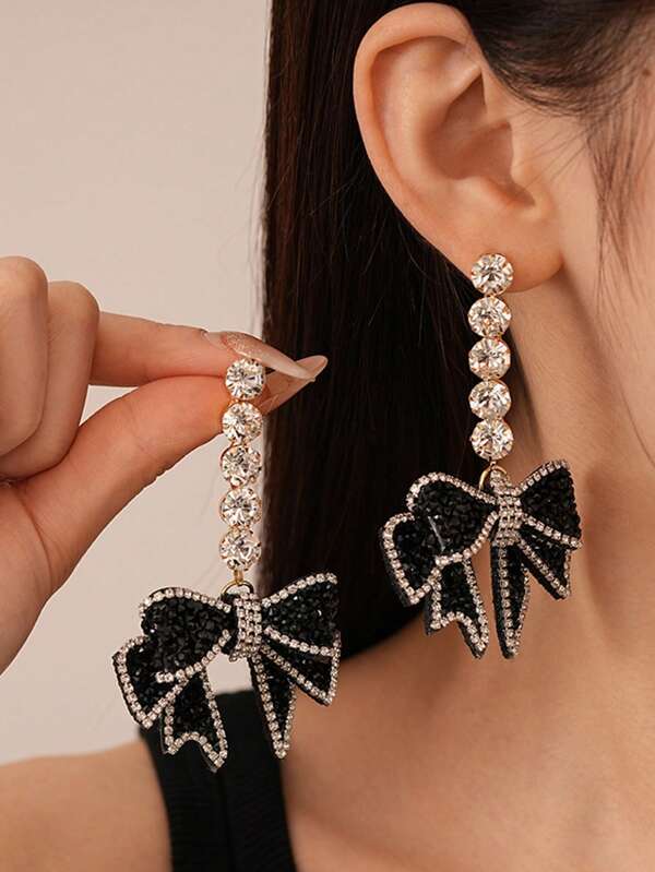 Dark Style Imitation Crystal Bowknot Silver Needle Earrings, Vintage Elegant Earrings For Women