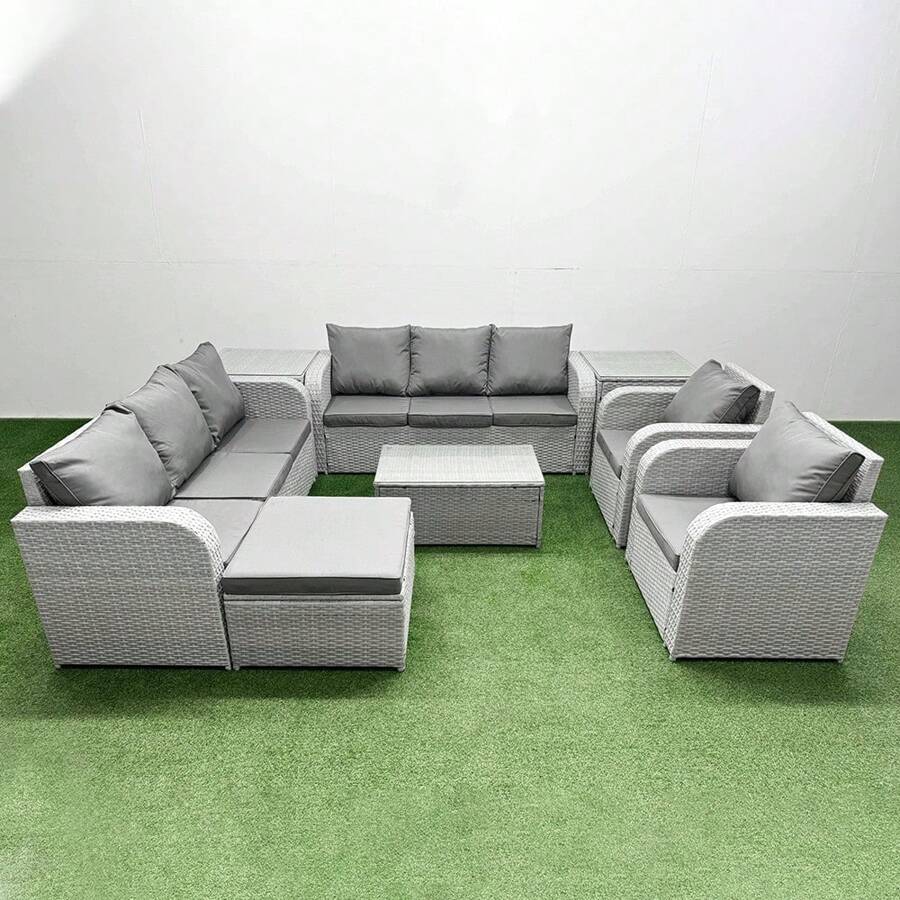 Fimous PE Rattan High Back Lounge Sofa Set Patio Coffee Table & Chairs Set With 3 Seater Sofa Reclining Chair Big Footstool 2 Side Table Light Grey - Light Grey - View 1