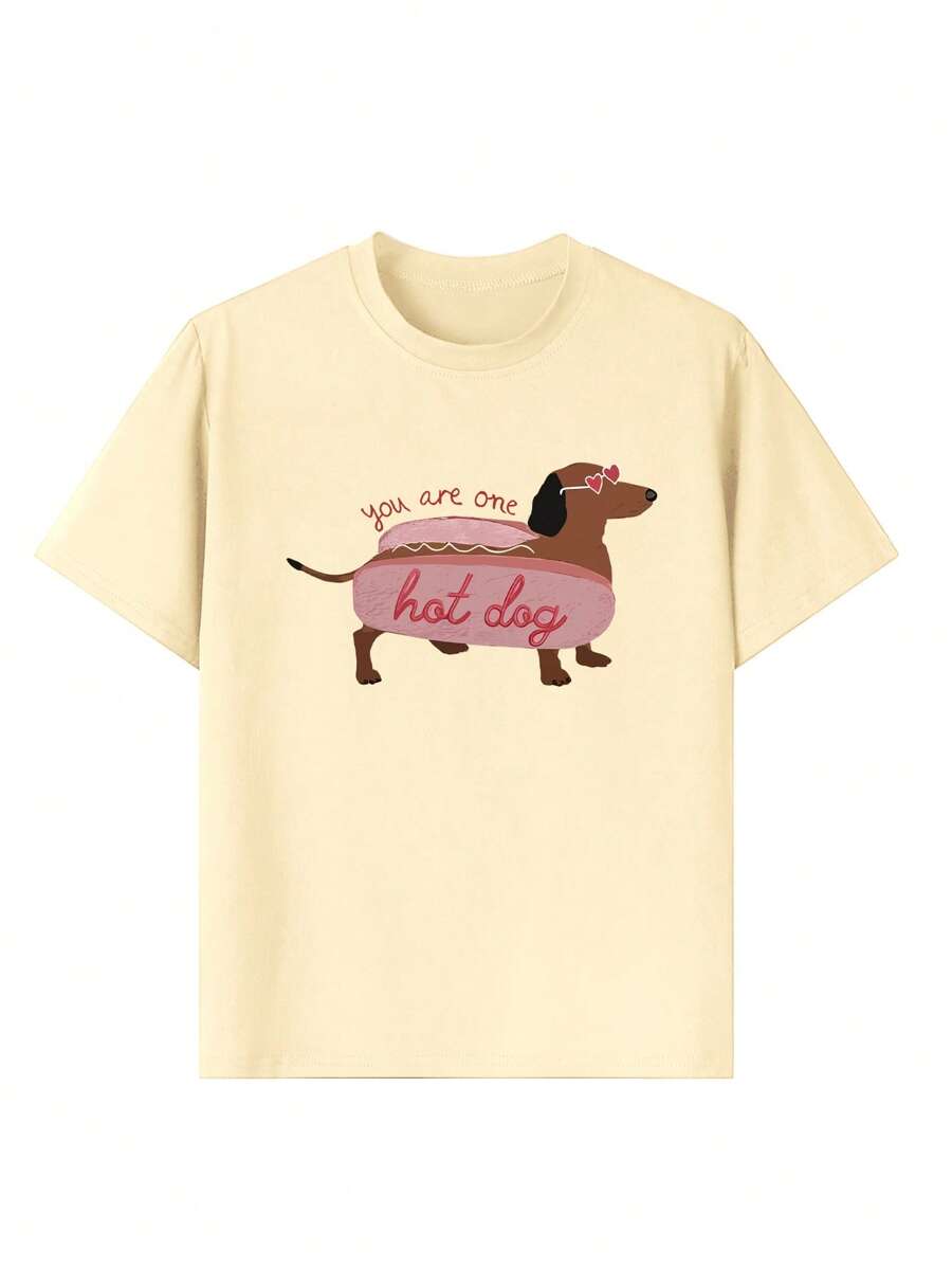 Casual Printed Round Neck Short Sleeve T-Shirt, Suitable For Girls And Children - Adorable Hot Dog, Heart Sunglasses And Dog Art Style Patterns, Inspiring Imagination And Self-Expression! Children Clothing, Girls Graphic Tee, Summer Top, Teen Fashion