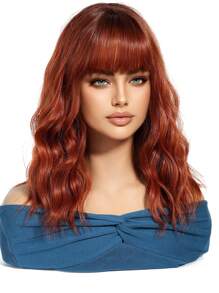 Stylish 16-Inch Red Mid-Long Curly Hair Synthetic Heat-Resistant Fiber Wig With Bangs Ladies Wig Is Perfect For Holiday Party Everyday Wear - Red - View 5