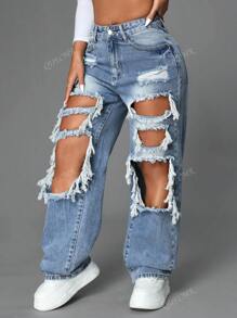 Jeans droits avec poches obliques contrastées et découpes