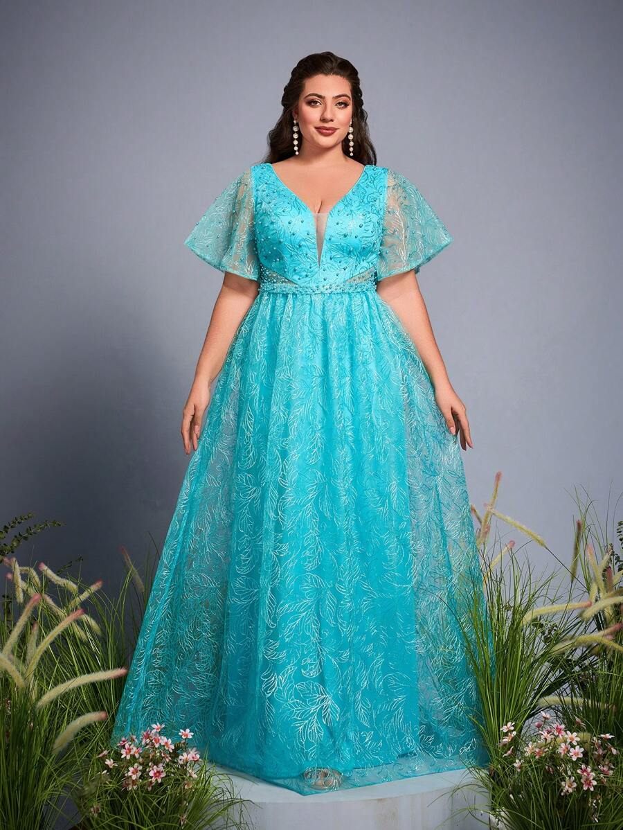 Plus Size High-End V-Neck Embroidered Lace Long Sleeve Rhinestone Beading Evening Gown,Party Dress,Formal,Wedding Guest - Blue - View 1