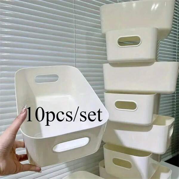 Rectangular White Plastic Storage Basket With Handle - Multipurpose Organizer Bin For Cabinet, Bathroom And Pantry - Ideal For Spices, Snacks And Essentials, Shelf Basket