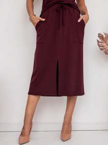 Women's Premium Fleece Midi Skirt Set - 酒紅色 - 查看 4