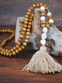 Bohemian Style Peace Sign Wooden Bead Long Necklace With Retro Tassel Pendant, Special Accessory For Sweaters - Multicolor - View 12