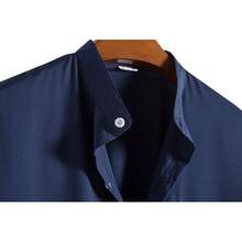 男式宽松海军蓝休闲立领口袋衬衫 - 藏蓝色 - 查看 3