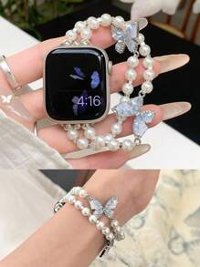 1 件女式白色精致水钻蝴蝶串珠弹性表带，兼容 38/40/41/44/45/49/42/46mm S11/SE3/Ultra3/Ultra/SE/SE2/10/9/8/7/6/5/4/3/2/1 - 白珍珠-藍色蝴蝶 - 查看 2