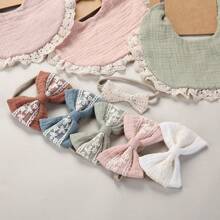 Adjustable Baby Girl Bow Headband & Saliva Towel Set, Lace Detail, Solid Color Double-Sided Waterproof Dribble Bib, Cute & Versatile - Multicolor - View 6