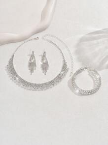 1 Set Including 1 Fully Rhinestone Necklace, 1 Pair Of Fully Rhinestone Tassel Earrings, 1 Hollow Fully Rhinestone Bracelet, Suitable For Evening Dresses And Versatile Accessories - Silver - View 6