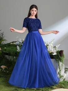 Teen Girl Enchanting Sequin Formal Dress With Flowing Tulle Hem - Graduation Dress - Royal Blue - View 6