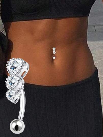 FOREVER QUEEN 1PC 925 Sterling Silver Three Heart Belly Button Rings For Women Heart Cubic Zirconia Belly Rings Clear CZ Navel Rings Piercing