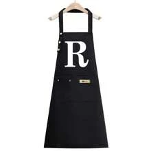 1件男女通用厨房围裙，防油防水，烹饪围裙，腰部可调节，A-Z字母图案，咖啡色围兜式围裙，厨房配件 - 黑色 - 查看 14