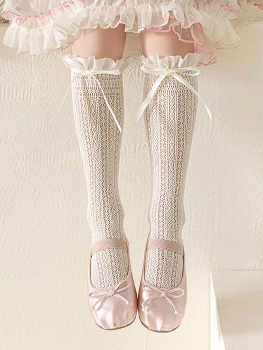 1 Pair Girls Bow Lace Trim Knee High Socks, Thin For Spring/Summer, Fits Girls Age 3-15, Unique For Matching And Everyday Wear