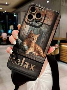 1pc Stylish Cute Cat Pattern Camera Full Protective Shockproof Mobile Phone Case, Minimalist Design Compatible With IPhone//OPPO/Vivo/Redmi/ Series - Black - View 4
