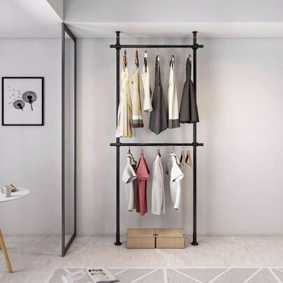 Sistema de almacenamiento de ropa telescópico de uso pesado, organizador de armario con barra de ropa doble para el hogar, secadora de ropa para piso y techo, color negro