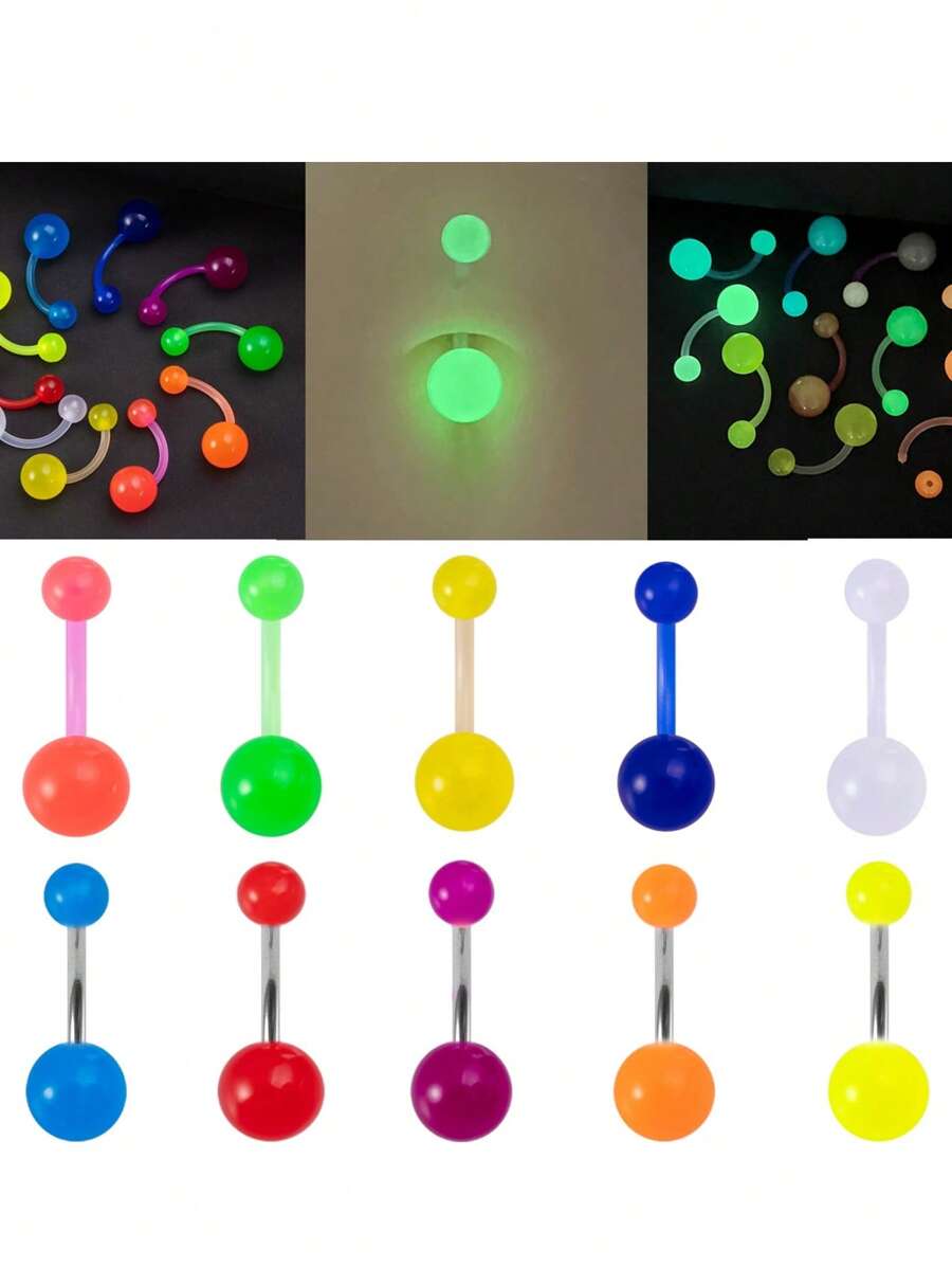 Set de anillos para el ombligo de 14G de acrílico de colores suaves y flexibles que brillan en la oscuridad, con joyería de piercing de ombligo de acero inoxidable con perlas multicolor esmaltadas - Multicolor - Ver 1