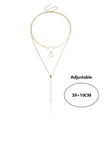1pc Fashionable Gold Chain Round Disc Star Tassel Pendant Necklace, Layered Hipster Necklace