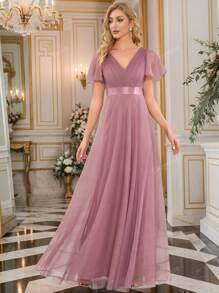 EVERPRETTY Spring Elegant V Neck Maxi A-Line Tulle Dusty Pink Bridesmaid Dress Wedding Guest Dress For Wedding