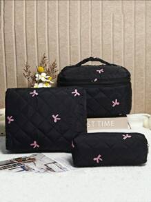 1pc New Embroidered Bow Makeup Bag, High-Aesthetic, Minimalist, Versatile, Quilted Checkered Embroidered Bow Pattern Women Cosmetic Organizer Pouch, Daily Essentials Storage, Student Pencil Case, Suitable For Shopping, Travel, Portable,For Holiday Beach, Bathroom Collection, Bedroom Collection, Large Capacity