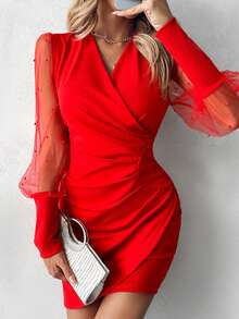 ChicMe Beaded V-Neck Mesh Long Sleeve Dress Ruched Waist Side Ruching Elegant Party Dress - Red - View 5