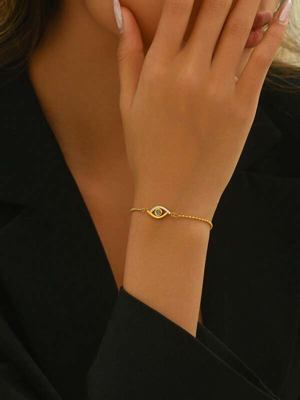 1 peça 18K banhado a ouro aço inoxidável azul mau olhado pingente pulseira, cristal incrustado design, charmoso jóias sorte acessório para mulheres