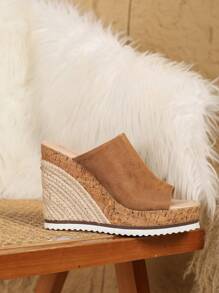 Women's Brown Platform Thick PU Sole Fashion Casual Comfortable Braided Rope & Wood Grain Decor Sandals