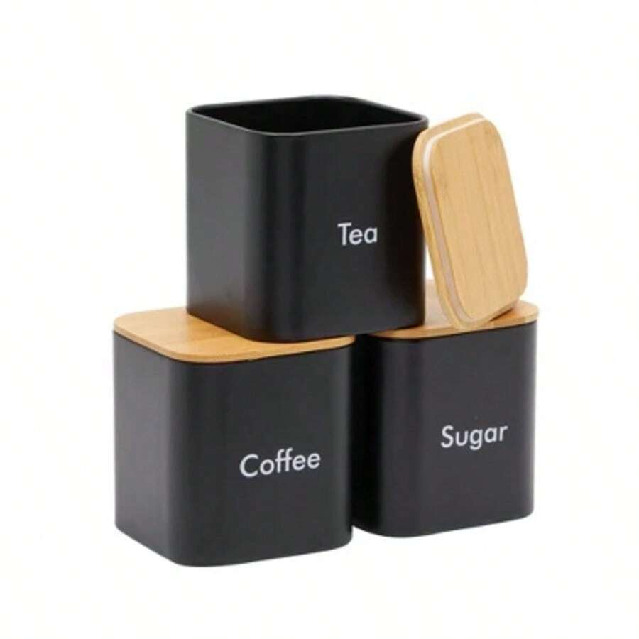 Container Set - Black Iron Kitchen Canister Set With Bamboo Lids (3 Pieces, 48 Oz)642325