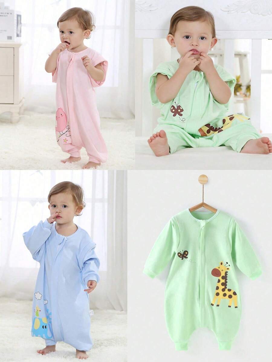 Baby Sleeping Bag With Leg Openings, Thin Cotton For Spring/Summer, Air-Conditioned Room, Detachable Sleeves, Anti-Kick Quilt For Infants - Green - View 1