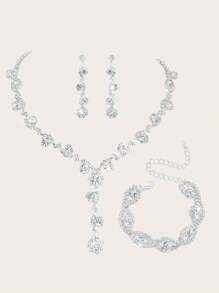 4 Pieces/Set Of Elegant Crystal Rhinestone Jewelry Sets - Earrings And Necklaces, Bracelets - Suitable For Women's Daily Wear, Weddings, Parties, Etc. - White - View 6