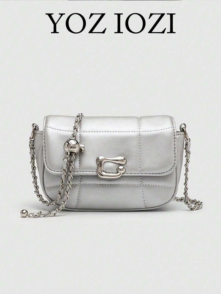 Casual Versatile Solid Color Texture Bag, Niche Design Fashion College/Work Commute Square Mini Chain Crossbody Bag For Women - Grey - View 1